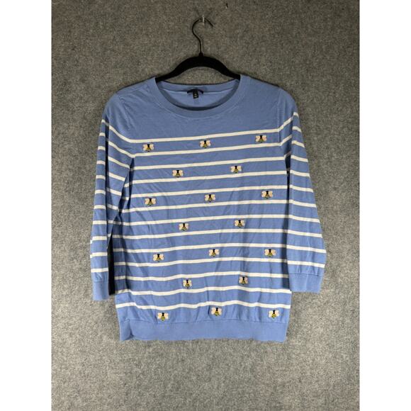 Talbots Sweater Women Medium‎ Blue Striped Bumble Bee Crewneck Pullover - Picture 1 of 7